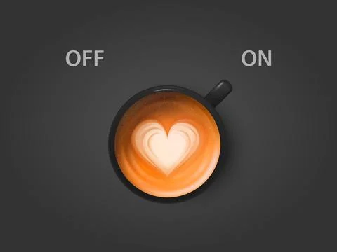 Vector 3d Realistic Off, On Switch with Milk Foam Coffee in Black Ceramic Ilustração Stock