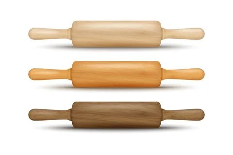 Vector 3d Realistic Textured Brown Wooden Rolling Pin Icon Set Isolated. Kitchen Stock Illustration