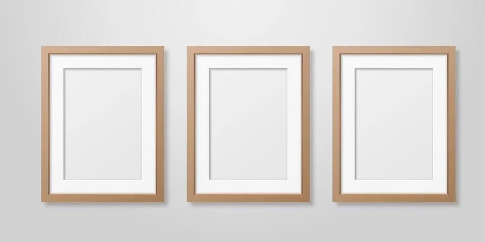 Vector 3d Realistic Three A4 Brown Wooden Simple Modern Frame on a White Wall Stock-Illustration
