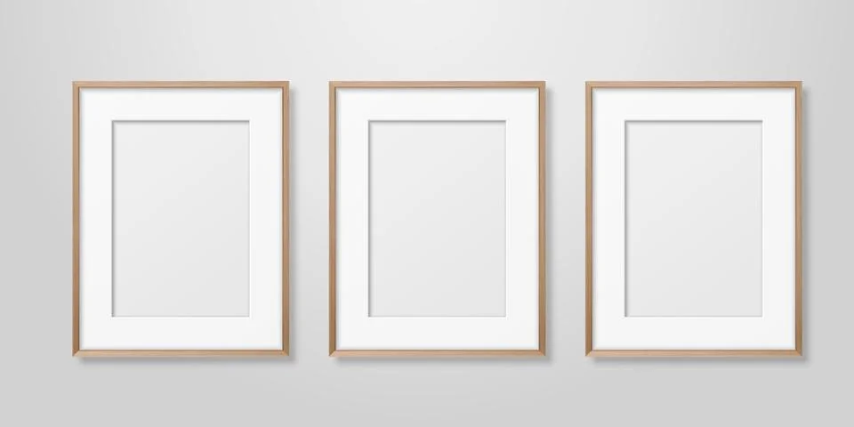 Vector 3d Realistic Three A4 Brown Wooden Simple Modern Frame on a White Wall Illustrazione stock