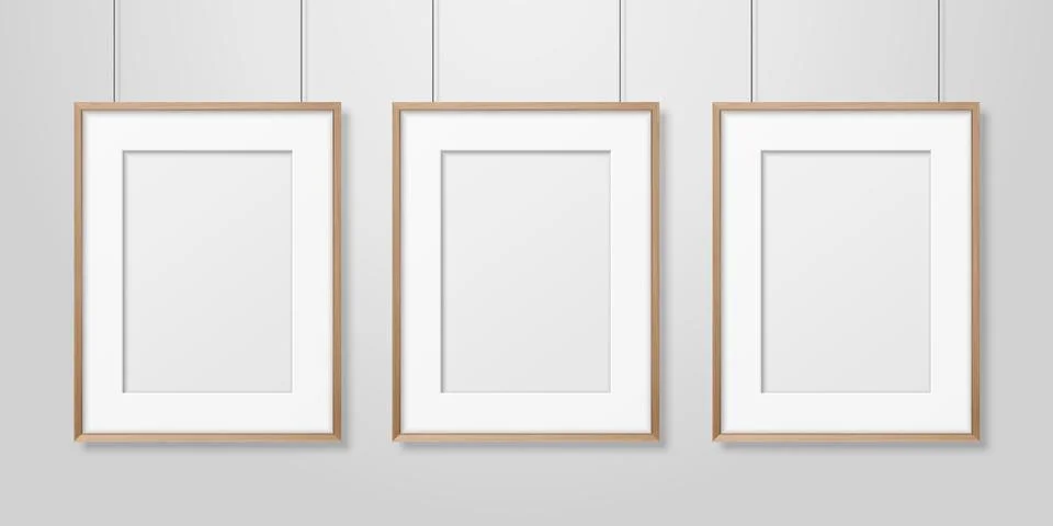 Vector 3d Realistic Three A4 Brown Wooden Simple Modern Frame on a White Wall Stock Illustration