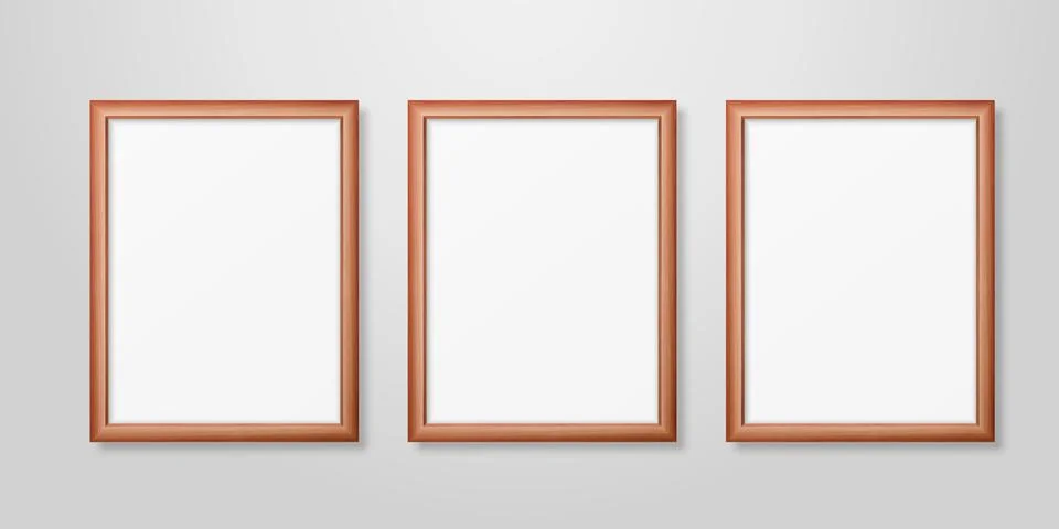Vector 3d Realistic Three A4 Brown Wooden Simple Modern Frame on a White Wall Stock-Illustration