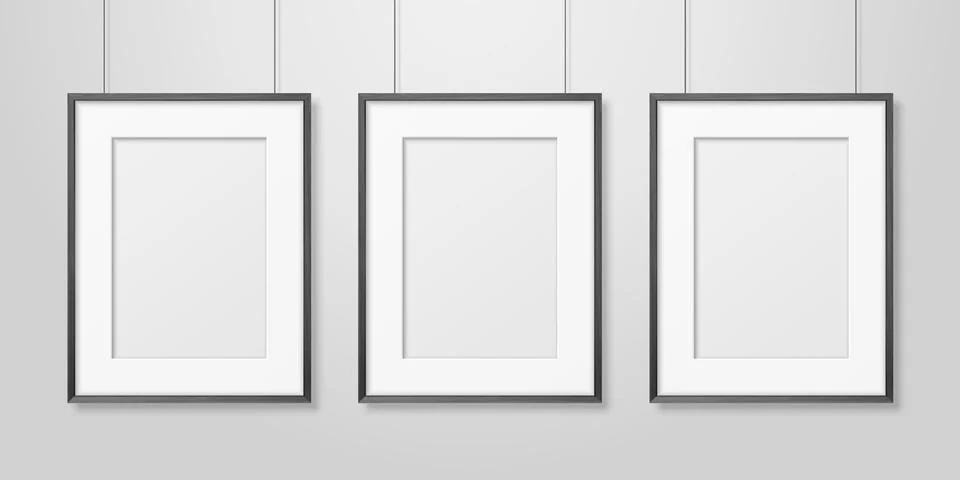 Vector 3d Realistic Three A4 Black Wooden Simple Modern Frame on a White Wall Stock Illustration