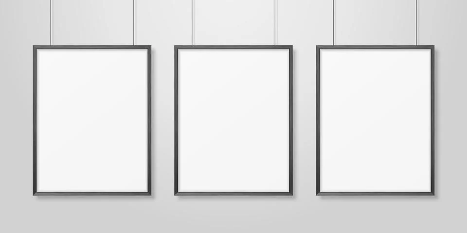 Vector 3d Realistic Three A4 Black Wooden Simple Modern Frame on a White Wall Stock-Illustration
