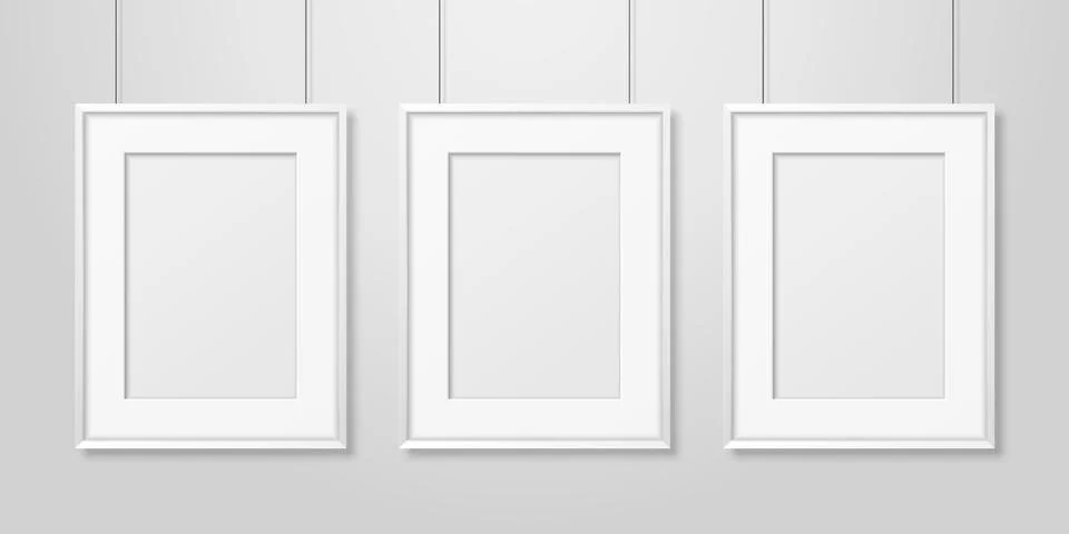 Vector 3d Realistic Three A4 White Wooden Simple Modern Frame on a White Wall Stock Illustration