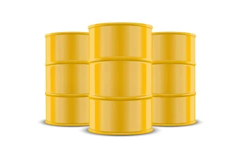 Vector 3d Realistic Three Yellow Barrels, Hazard Liquid. Caution Barrel Ilustração Stock