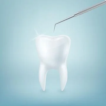 Vector 3d Realistic Tooth and Dental Probe for Teeth Closeup on Blue Background Illustrazione stock