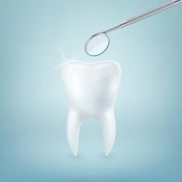 Vector 3d Realistic Tooth and Dental Mirror for Teeth Closeup on Blue Background Illustrazione stock