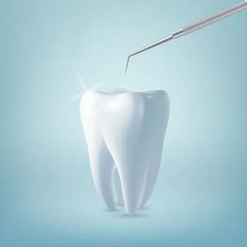 Vector 3d Realistic Tooth and Dental Probe for Teeth Closeup on Blue Background Illustrazione stock