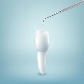 Vector 3d Realistic Tooth and Dental Probe for Teeth Closeup on Blue Background Illustrazione stock