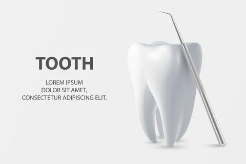 Vector 3d Realistic Tooth and Dental Probe for Teeth Closeup on White Background Illustrazione stock