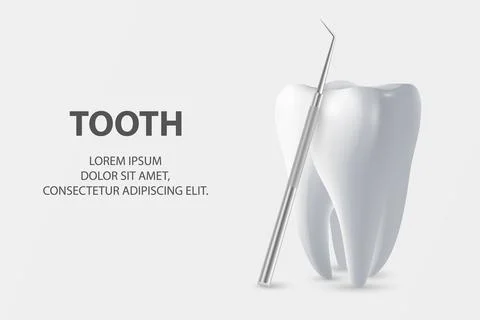 Vector 3d Realistic Tooth and Dental Probe for Teeth Closeup on White Background Illustrazione stock