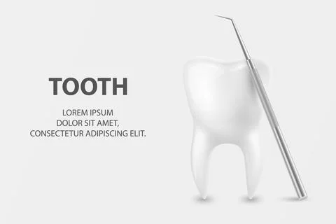 Vector 3d Realistic Tooth and Dental Probe for Teeth Closeup on White Background Stock-Illustration