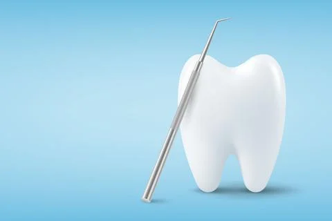 Vector 3d Realistic Tooth and Dental Probe for Teeth Closeup Isolated on Blue Stock Illustration