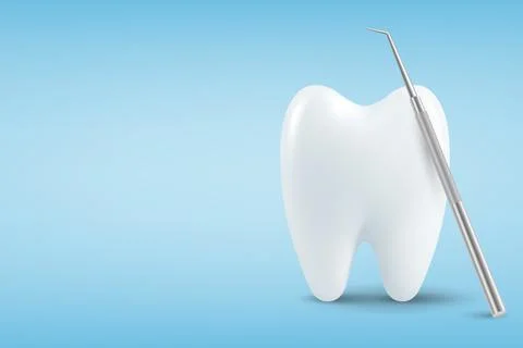 Vector 3d Realistic Tooth and Dental Probe for Teeth Closeup Isolated on Blue Illustrazione stock
