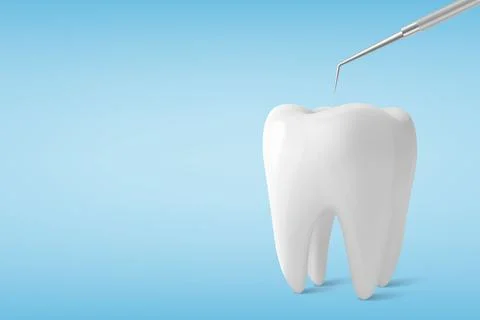 Vector 3d Realistic Tooth and Dental Probe for Teeth Closeup Isolated on Blue Illustrazione stock
