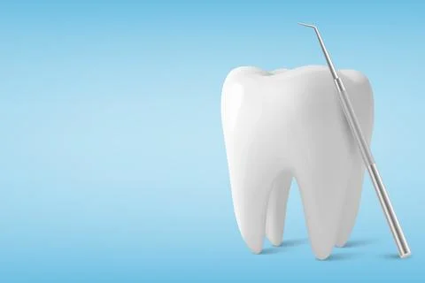 Vector 3d Realistic Tooth and Dental Probe for Teeth Closeup Isolated on Blue Illustrazione stock