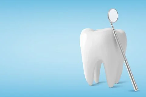 Vector 3D Realistic Tooth and Dental Mirror for Teeth Closeup Isolated on Blue Stock Illustration