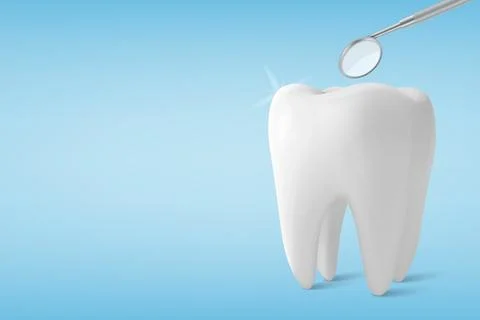 Vector 3D Realistic Tooth and Dental Mirror for Teeth Closeup Isolated on Blue Stock Illustration