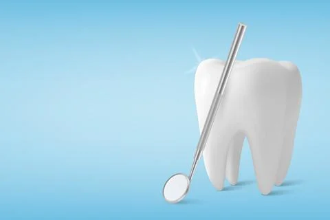 Vector 3D Realistic Tooth and Dental Mirror for Teeth Closeup Isolated on Blue Illustrazione stock