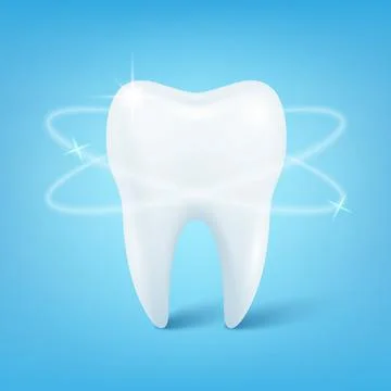 Vector 3d Realistic Tooth on Blue Background. Healthy White Tooth with Glowing Stock Illustration
