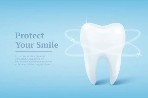 Vector 3d Realistic Tooth on Blue Background. Healthy White Tooth with Glowing Stock Illustration