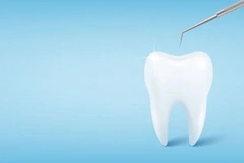 Vector 3d Realistic Tooth. Healthy White Tooth with Dental Probe on Blue Stock Illustration
