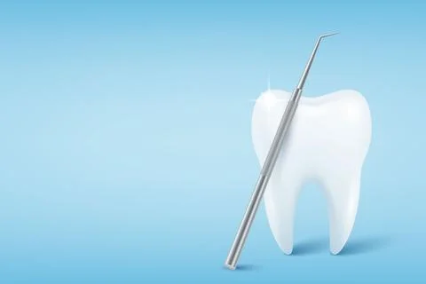 Vector 3d Realistic Tooth. Healthy White Tooth with Dental Probe on Blue Stock Illustration