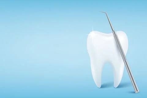Vector 3d Realistic Tooth. Healthy White Tooth with Dental Probe on Blue Stock Illustration