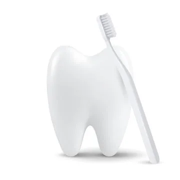 Vector 3d Realistic Tooth with Toothbrush Isolated on White Background. Medical Illustrazione stock