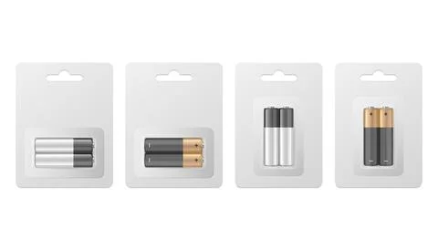 Vector 3d Realistic Two Alkaline Battery in Paper Blister and Battery Icon Set Illustrazione stock