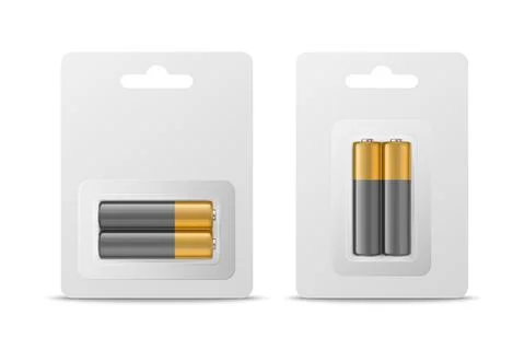 Vector 3d Realistic Two Alkaline Battery in Paper Bliste Icon Set Closeup Stock Illustration