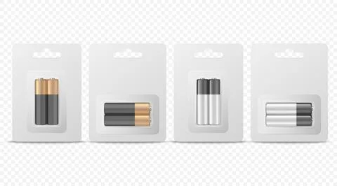 Vector 3d Realistic Two Alkaline Battery in Paper Blister Icon Set Closeup Stock Illustration
