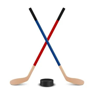 Vector 3d Realistic Two Hockey Sticks and Puck Crossed Isolated. Hockey Illustrazione stock