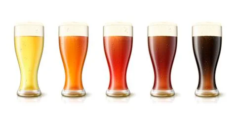 Vector 3d realistic various beers in tall glasses, yellow, amber, red, dark Stock Illustration