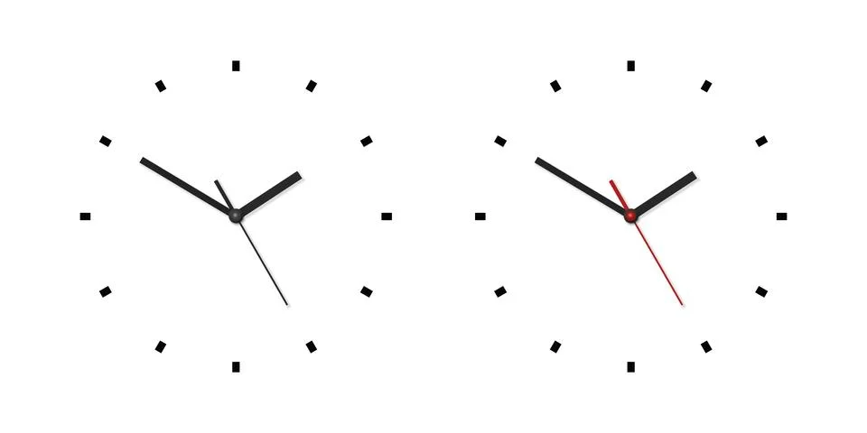Vector 3d Realistic Wall Office Clock Face Set. White and Black Dial and Clock Stock Illustration