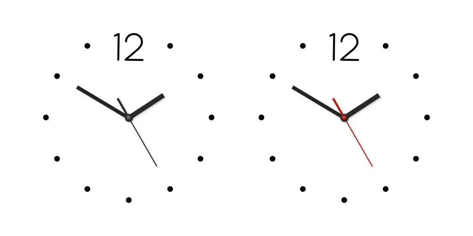 Vector 3d Realistic Wall Office Clock Face Set. White and Black Dial and Clock Illustrazione stock
