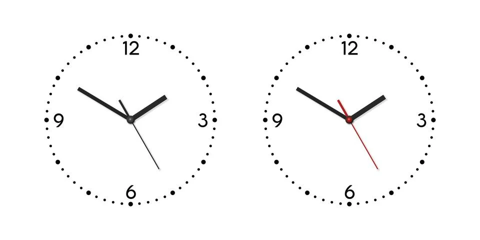 Vector 3d Realistic Wall Office Clock Face Set. White and Black Dial and Clock Stock Illustration