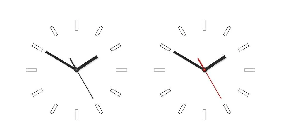 Vector 3d Realistic Wall Office Clock Face Set. White and Black Dial and Clock Stock Illustration