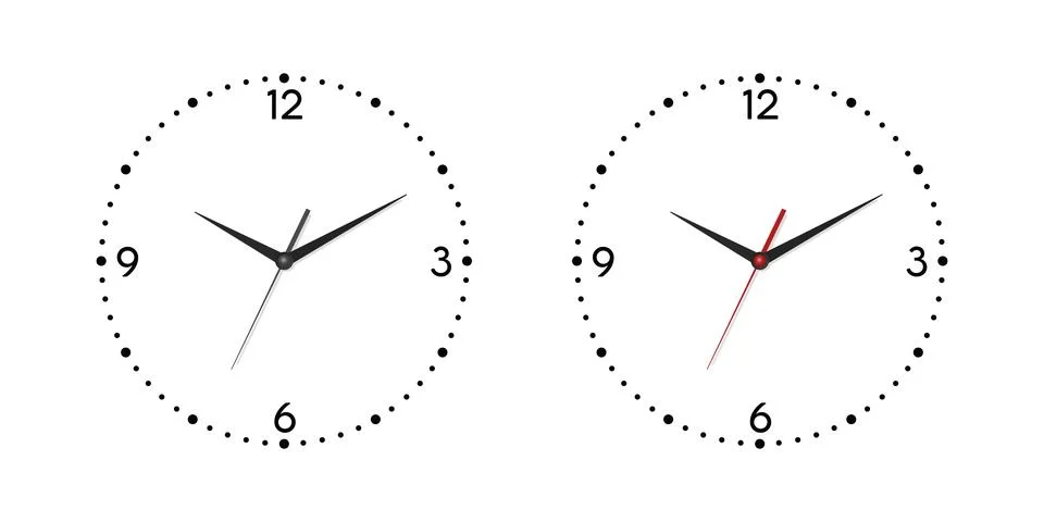 Vector 3d Realistic Wall Office Clock Face Set. White and Black Dial and Clock 스톡 일러스트