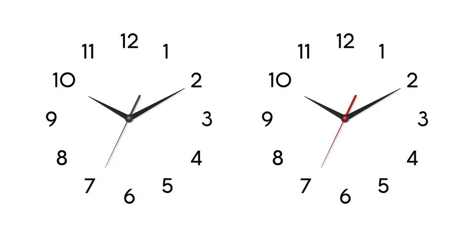 Vector 3d Realistic Wall Office Clock Face Set. White and Black Dial and Clock Stock Illustration