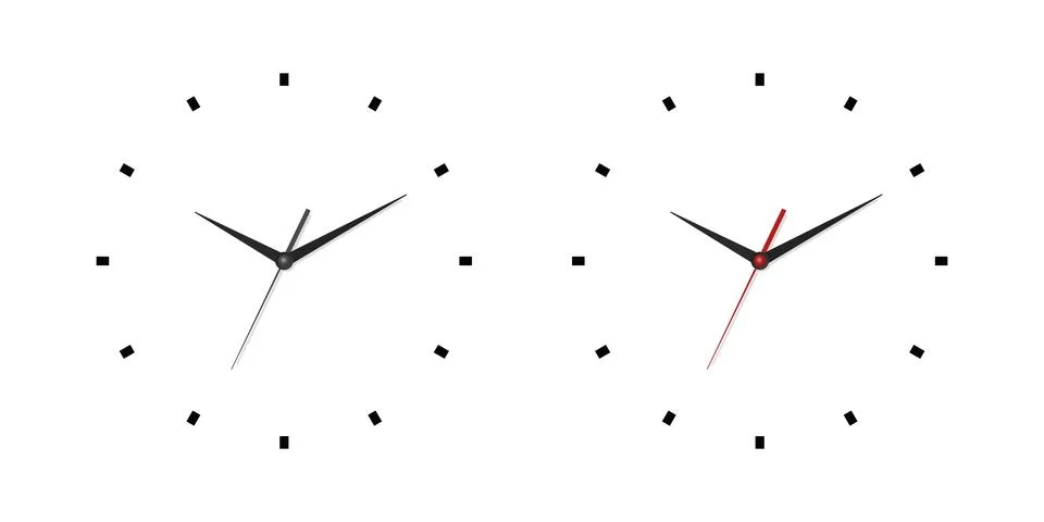 Vector 3d Realistic Wall Office Clock Face Set. White and Black Dial and Clock Stock Illustration