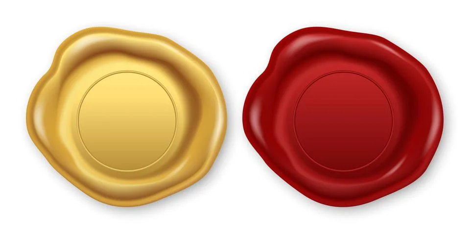 Vector 3d Realistic Wax Seal Set, Isolated. Red, Gold Vintage Wax Stamp. Antique Stock Illustration