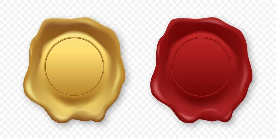 Vector 3d Realistic Wax Seal Set, Isolated. Red, Gold Vintage Wax Stamp. Antique Stock Illustration