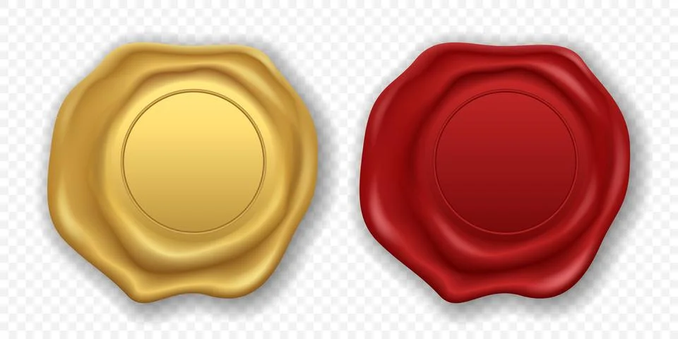 Vector 3d Realistic Wax Seal Set, Isolated. Red, Gold Vintage Wax Stamp. Antique Stock Illustration