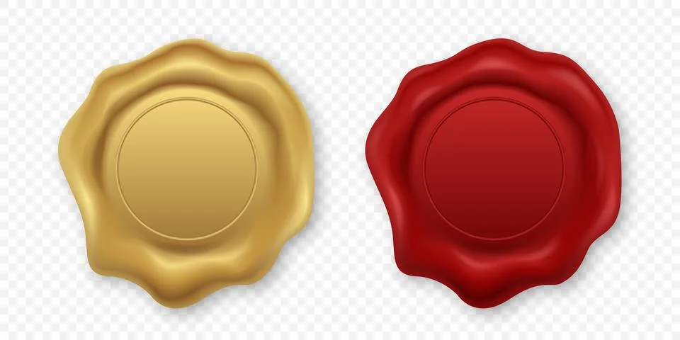 Vector 3d Realistic Wax Seal Set, Isolated. Red, Gold Vintage Wax Stamp. Antique Stock Illustration
