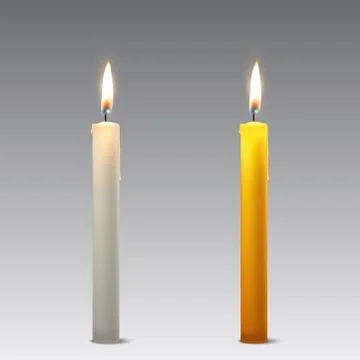 Vector 3d realistic white and orange paraffin or wax burning party candle icon Stock Illustration