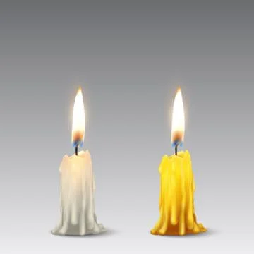 Vector 3d realistic white and orange paraffin or wax burning party candle or Stock-Illustration