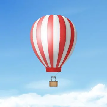 Vector 3d Realistic White and Red Hot Air Balloon on Blue Sky Background. Design 库存插图