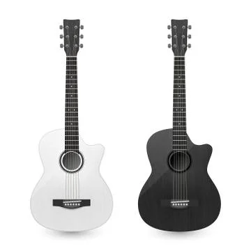 Vector 3d Realistic White and Black Classic Old Retro Acoustic Wooden Guitar Stock Illustration